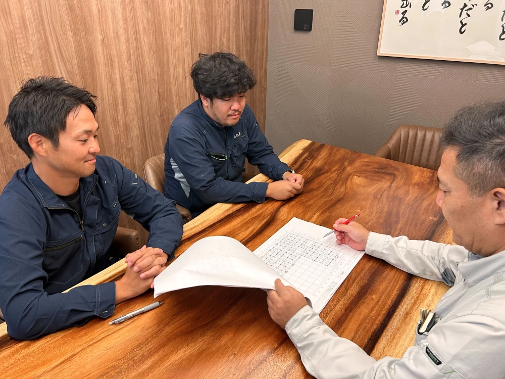 複数人が図面を見ながら議論する様子